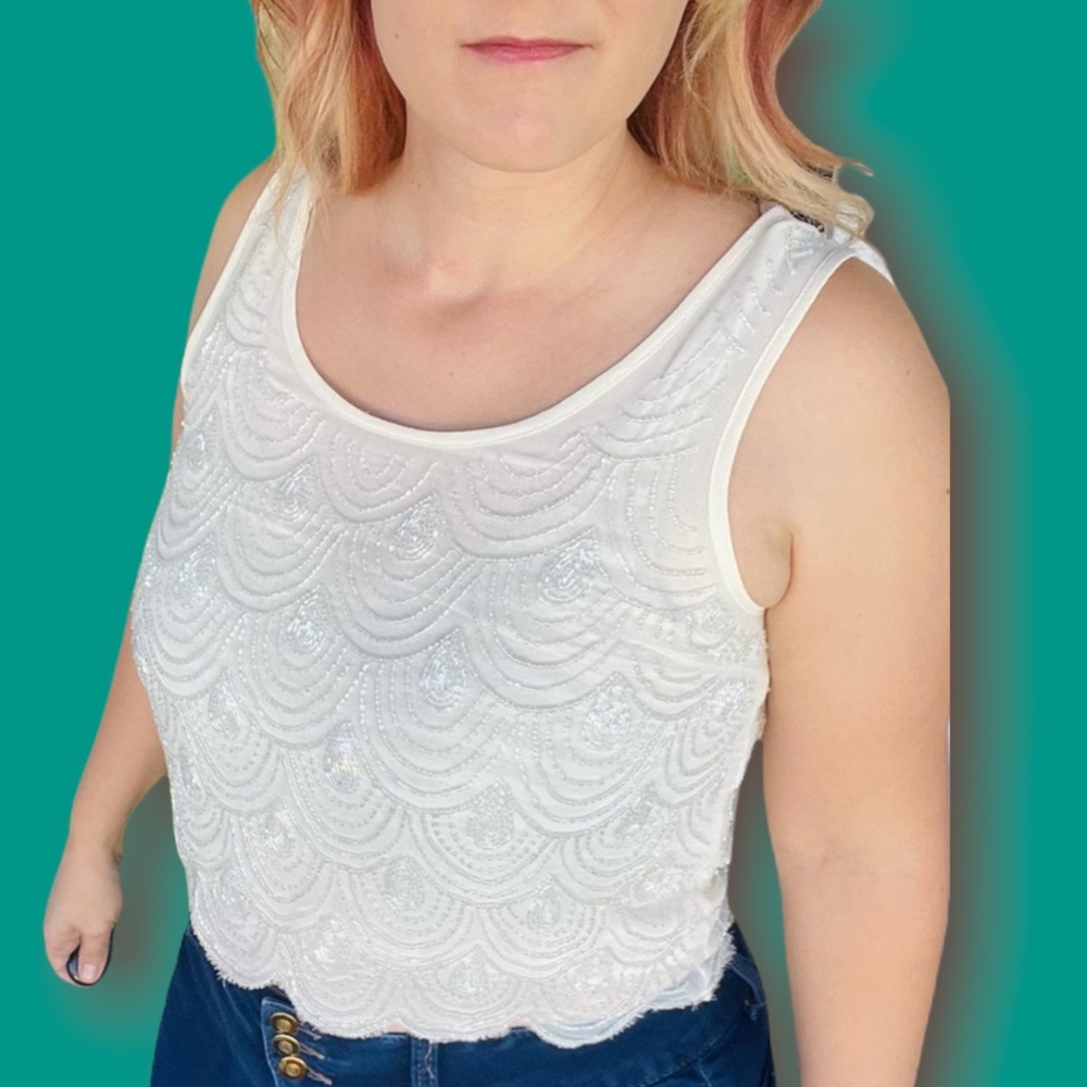 Lucy & Laurel beaded vintage style ivory crop top size small